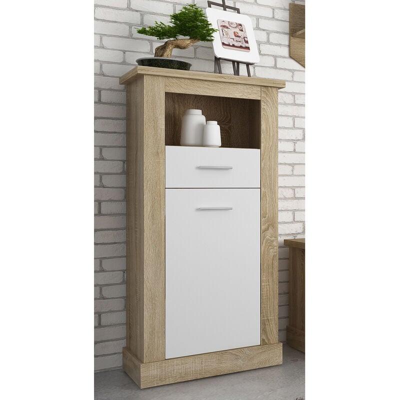 Buffet haut, meuble de rangement coloris Chêne cambrian, blanc - Longueur 66 x Profondeur 36,60 x Hauteur 135 cm Pegane