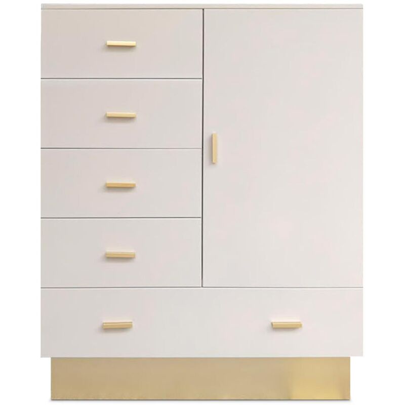 Buffet haut moderne 5 tiroirs 1 porte – Dimensions L90 x P40 x H112 cm – Bois taupe clair avec poignées dorées – Meuble contemporain
