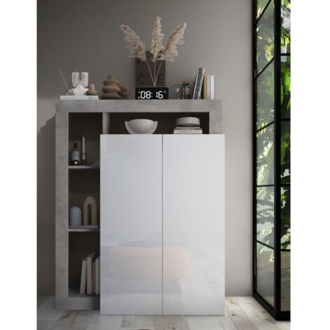 Buffet haut moderne laqué blanc et gris béton GAMA
