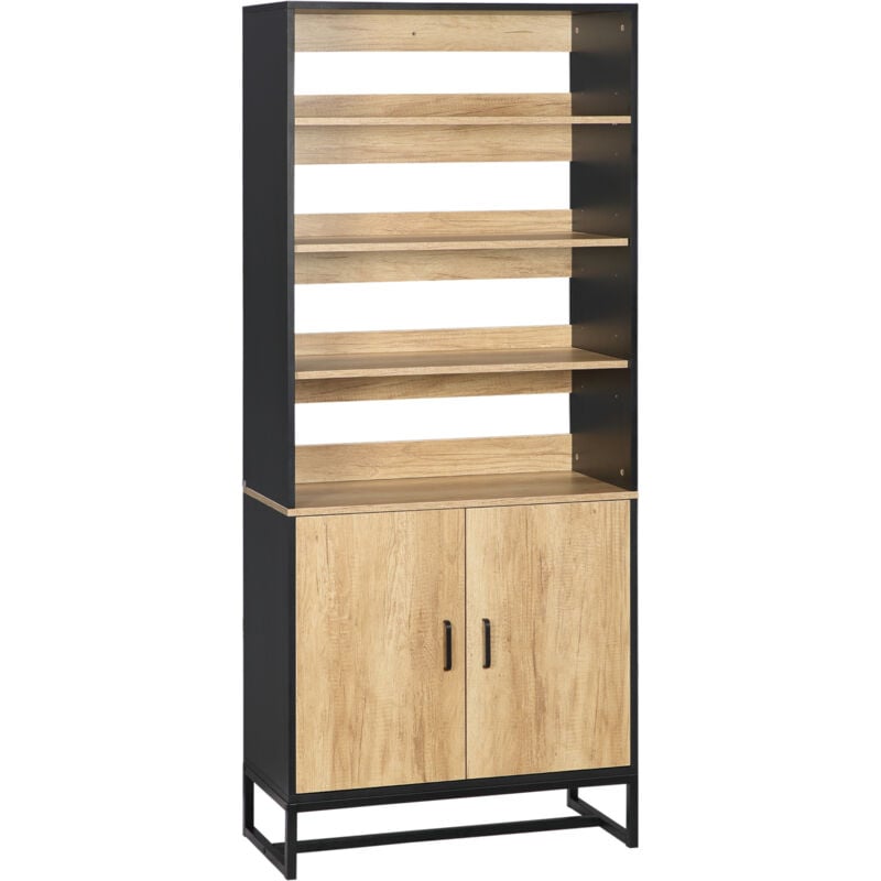 Buffet haut multi-rangement 2 portes total 5 étagères piètement acier noir panneaux aspect bois clair