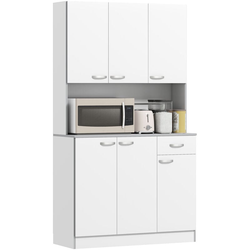 Buffet haut multi-rangement - 6 portes, tiroir, grand plateau - dim. 101L x 39l x 180H cm - panneaux particules blanc gris