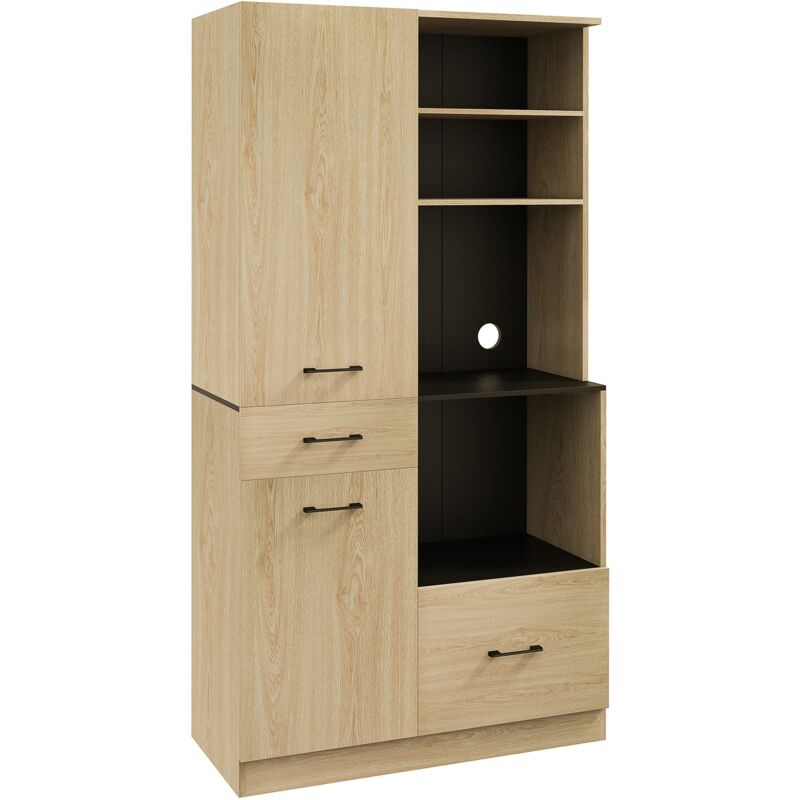 Homcom - Buffet haut multi-rangement 2 portes 3 étagères 2 tiroirs 4 niches panneaux noir aspect chêne clair