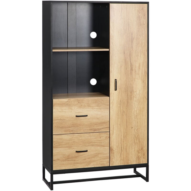 Homcom - Buffet haut multi-rangement une porte 3 étagères 2 tiroirs 2 niches piètement acier noir aspect chêne clair