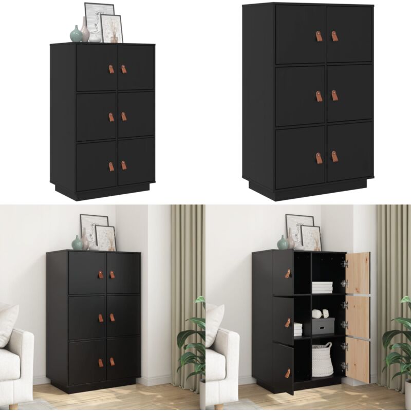 Buffet haut Noir 67x40x108,5 cm Bois massif de pin - Buffet Design Classique - Meuble De Rangement - Buffet Noir - Buffet Bois Massif - Buffet Entrée