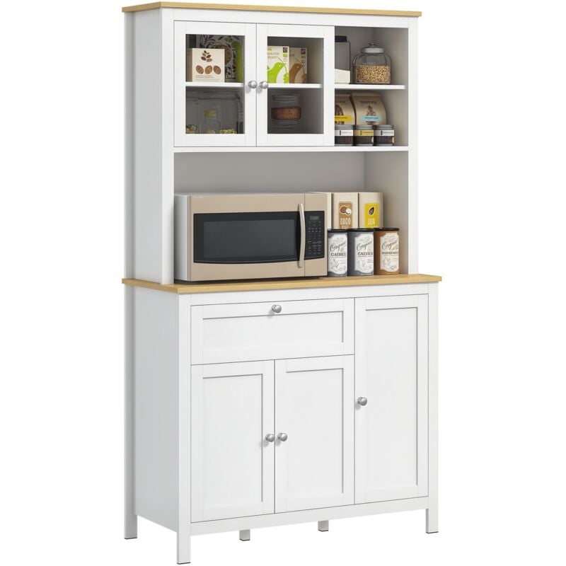 Buffet haut style classique chic - multi-rangement placards, niches, tiroir - panneaux blanc aspect bois clair