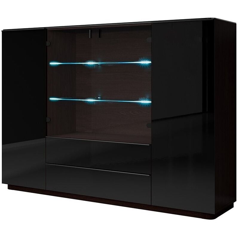 Buffet haut TONGA 187.6x134x43.5 cm avec 4 portes, 2 tiroirs et LED, coloris wengé