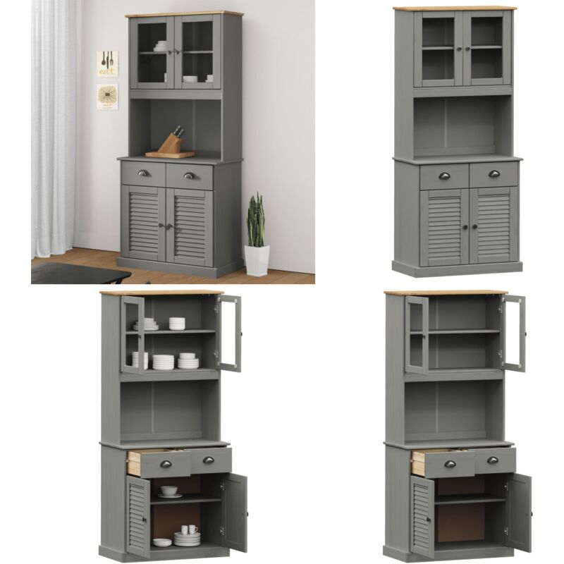 Buffet haut VIGO gris 78x40x175 cm bois massif de pin - Buffet Design Moderne - Meuble Rangement Cuisine - Armoire Ouverte - Vitrine Murale - Commode