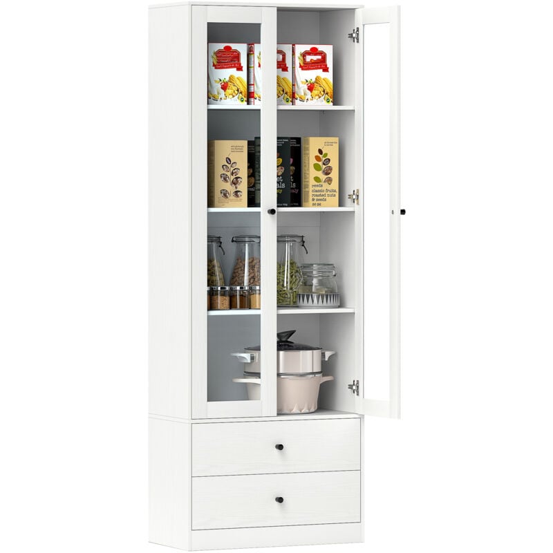 Buffet haut vitrine armoire de cuisine - 2 portes, 3 étagères, 2 tiroirs - 59 x 30 x 164 cm - blanc