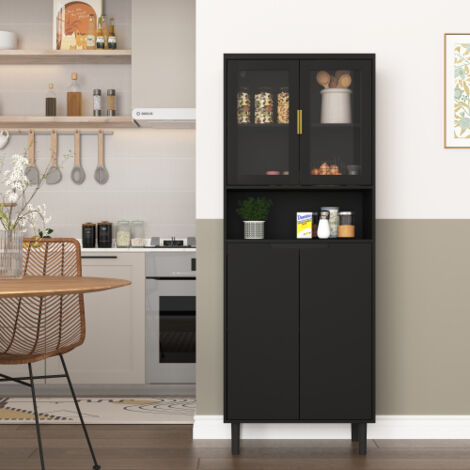 Buffet haute 60x35x160 cm avec porte en verre et étagère réglable, 4 portes, rangements ouvert, pour salon et chambre, en MDF laqué, noir