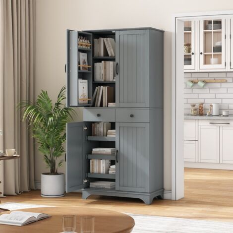 Buffet Haute de Cuisine - 77x40x181 cm - Vaisselier avec Étagères Réglables, 2 Tiroirs et Plateau Coulissant - Portes Frigo - Gris