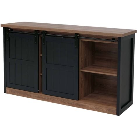 Buffet HHG-158, buffet haut étagère armoire portes coulissantes 7 compartiments aspect bois industriel métal 84x150x40cm, brun-noir