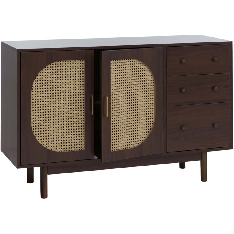 Buffet HHG-909, armoire, commode, buffet haut, tiroirs, compartiments de rangement, polyrotin, MDF mélaminé, 80 x 120 x 40 cm, aspect noyer