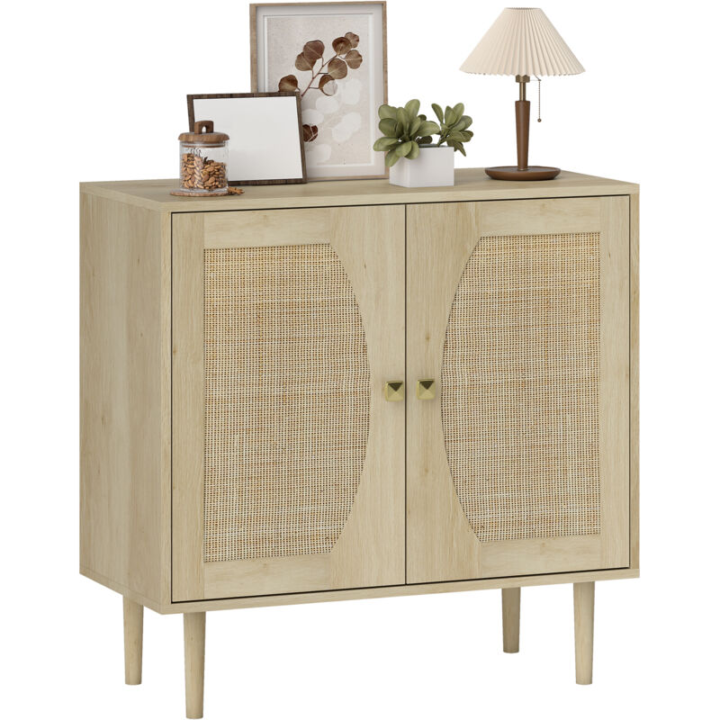 Buffet - HOMCOM - design bohème - double portes avec 2 niveaux - façade en cannage - 80 x 38 x 79 cm - effet bois naturel