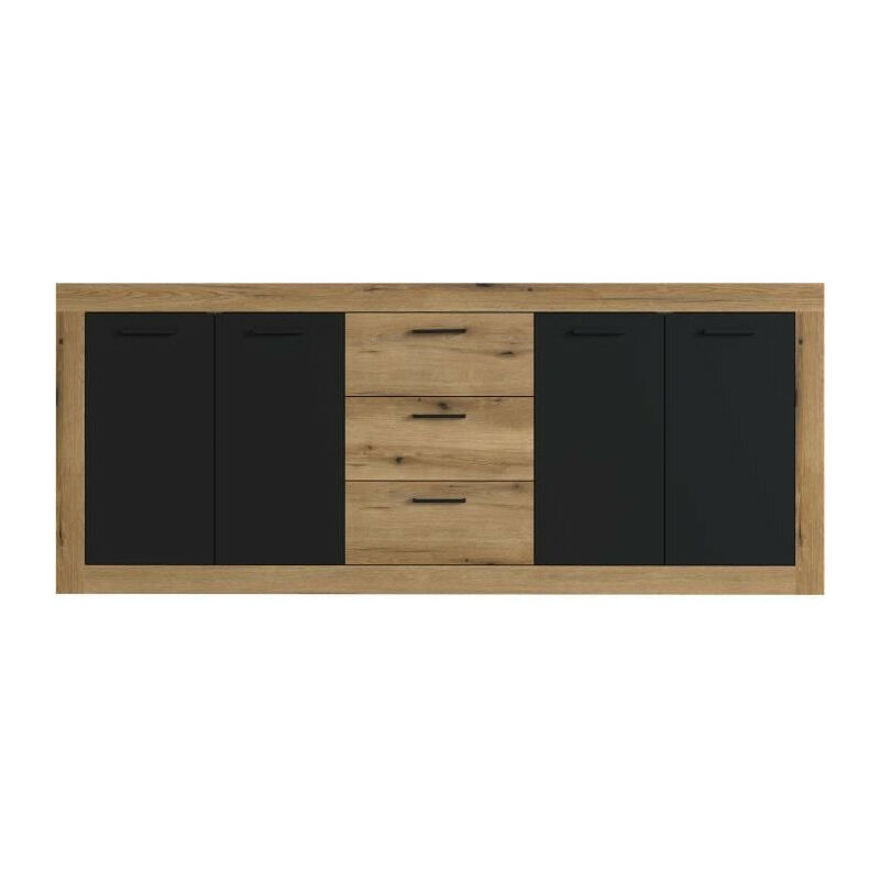 Buffet INDUS Mélaminé chene et noir - 4 portes + 3 tiroirs - Style industriel - L 206 x P 45 x H 83,5 cm STONE