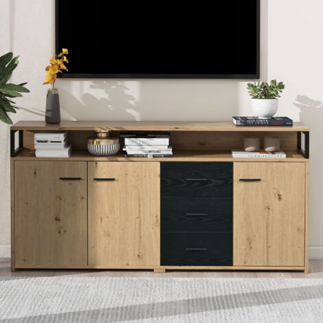Buffet industriel 150x35x75,9cm 3 portes + 3 tiroirs,poignées métalliques,rangement polyvalent chambre/salon/bureau