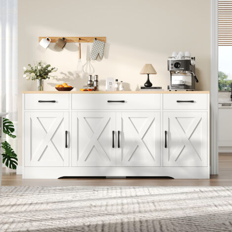 Buffet Industriel 160cm - 3 Tiroirs & 4 Portes Décor X - Pour Salon, Couloir, Bureau - Blanc/Bois Naturel