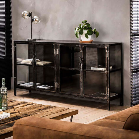 Buffet industriel 2 portes 180x40x92 cm en verre et métal