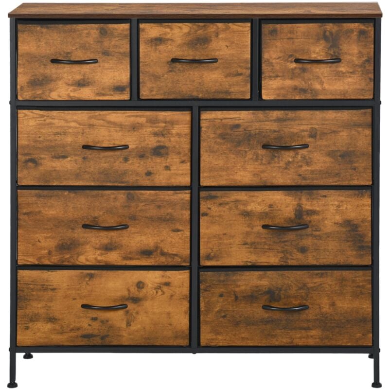 Buffet industriel 9 tiroirs, buffet 9 tiroirs en tissu non tissé, meuble de rangement pour salon, cuisine, salle à manger, 100 x 30 x 100 cm--Marron