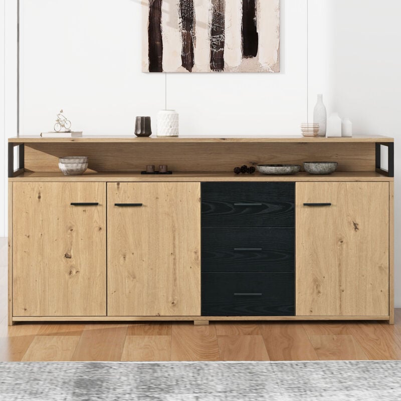 Buffet, commode, avec trois portes et trois tiroirs, 150x35x75,9 cm, en bois, Noir+Marron
