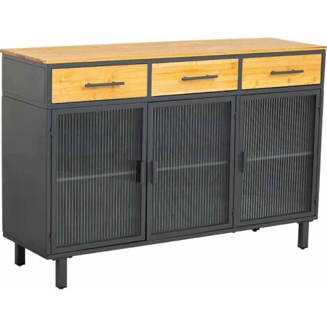 Buffet industriel en bois et verre noir trois tiroirs - noir et bois naturel clair