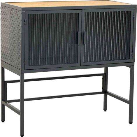 buffet industriel noir en bois et métal avec portes vitrées - noir et bois naturel clair