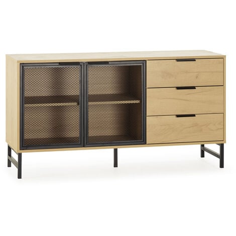 Buffet ISIS 2 portes en métal noir et 3 tiroirs, 130 cm
