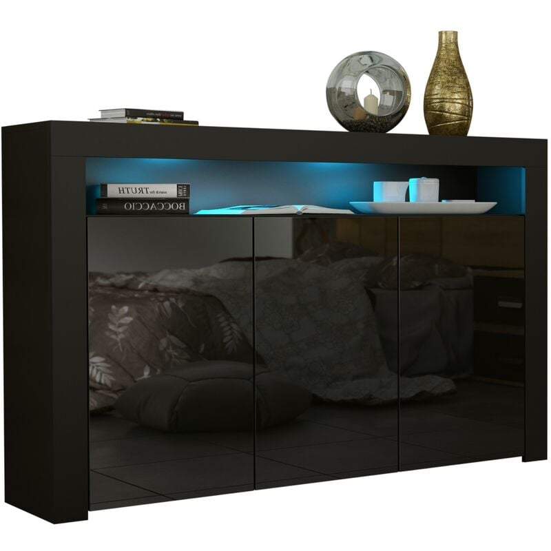 Buffet jive 145 cm portes noir laquées avec leds
