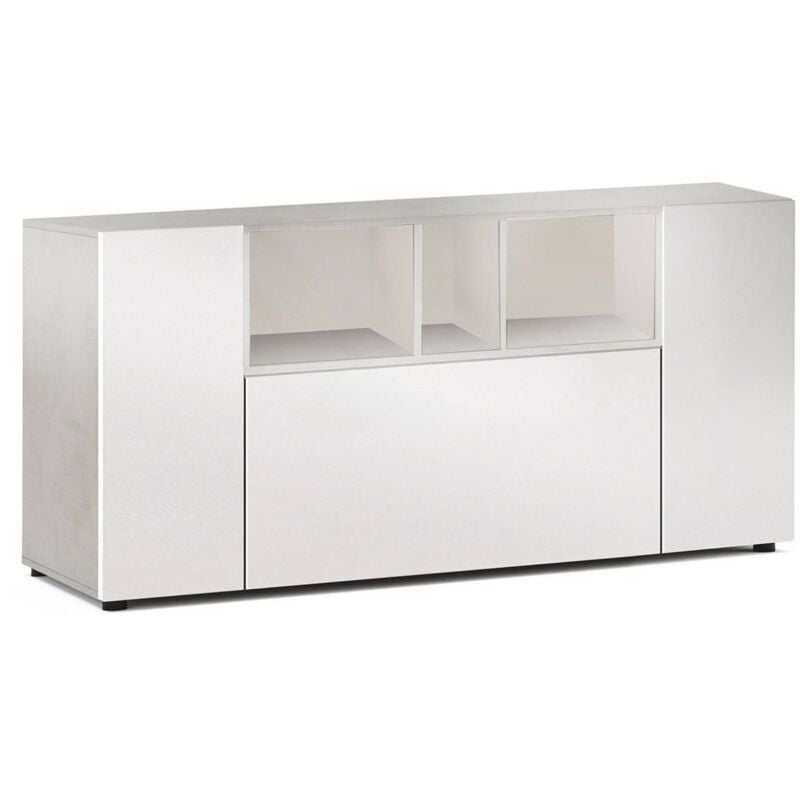 Usinestreet - Buffet moderne blanc, 3 portes battantes, avec compartiments ouverts, buffet de salon avec 3 portes battantes, meuble tv, 150 x 76 x 41