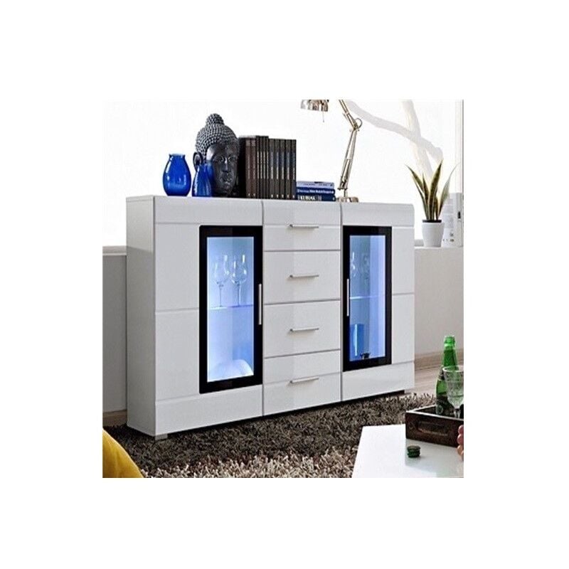Meublorama - Buffet kroni avec Éclairage led - 4 Tiroirs et 2 Portes Vitres - Blanc Mat et Brillant - 150 x 82 x 40 cm
