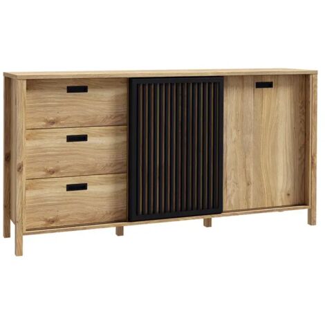 Buffet L. 175 cm décor chêne porte coulissante ajourée noire - SELENA