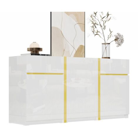 Buffet laqué brillant 160x40x78cm, 3 portes et 2 tiroirs, meuble de rangement moderne minimaliste pour salon, salle à manger et entrée - Blanc