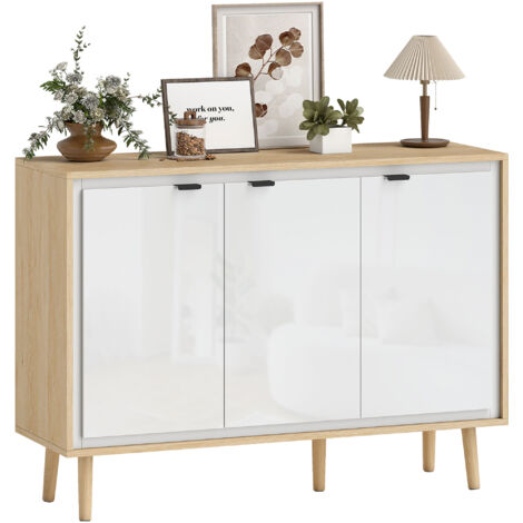Buffet laqué brillant, meuble de rangement à 3 portes, étagères réglables, 107 x 35 x 77 cm, blanc et chêne
