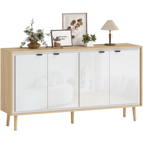 Buffet laqué brillant, meuble de rangement à 4 portes, étagères réglables, 141 x 35 x 77 cm, blanc et chêne