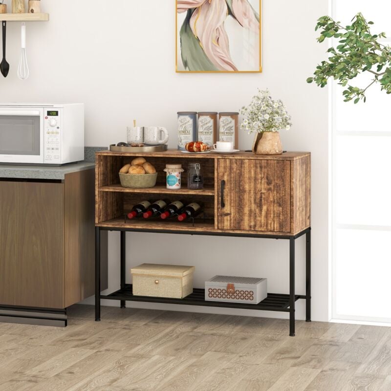 Buffet Latéral Meuble de Bar à Café avec Racks à Vin & Étagères de Rangement Console en Bois avec Cadre Métallique Café CW36204