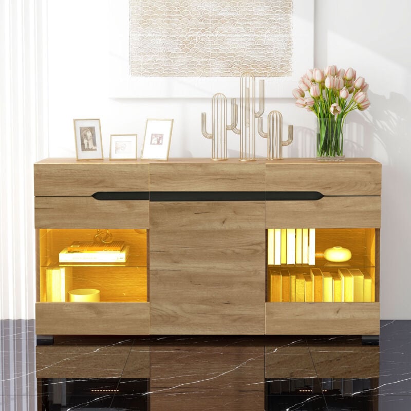 Buffet led 140 x 35 x 80 cm, Commode moderne, 3 portes, 3 tiroirs, Naturel+noir