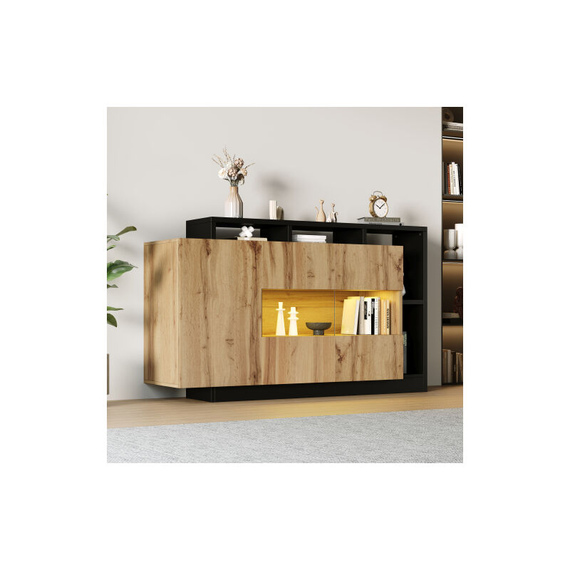 Buffet led, buffet en panneau acrylique, cadre noir, mdf, couleur bois