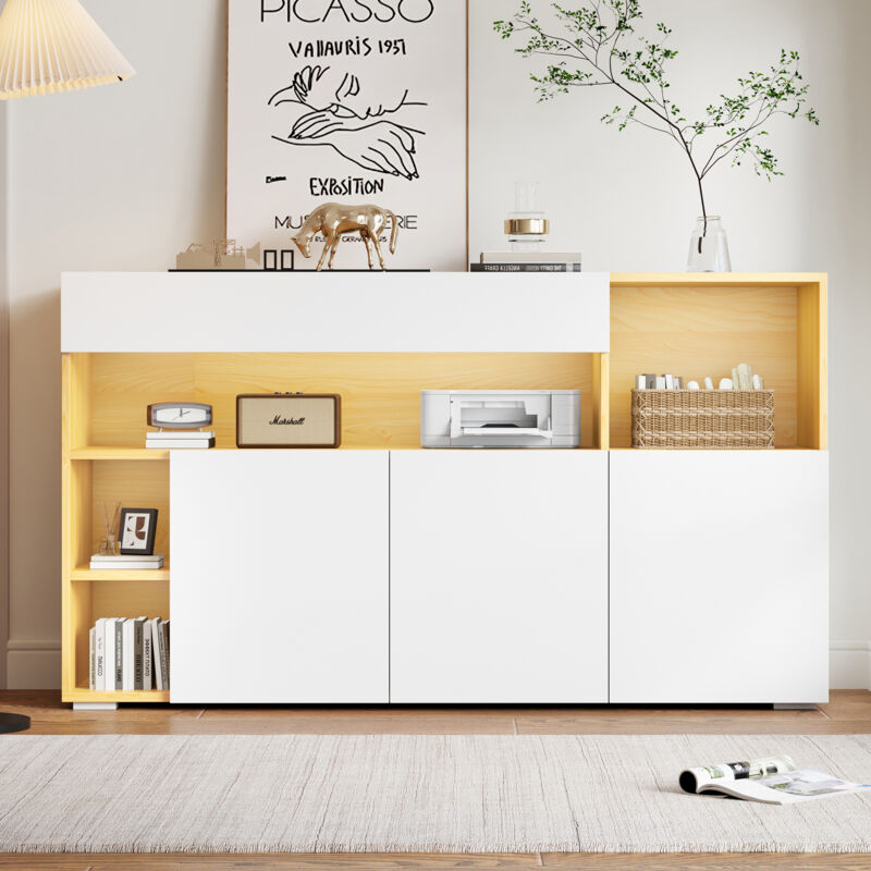 Buffet led, commode, 140x40x70 cm, 3 portes, rangement ouvert, multifonctionnel, salon/chambre à coucher, blanc