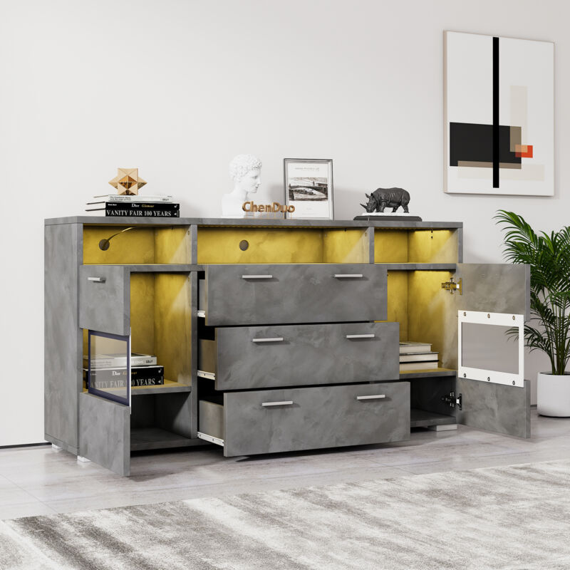 Buffet moderne, armoire de cuisine avec éclairage led, Panneau de particules, avec 2 portes et 3 tiroirs, gris