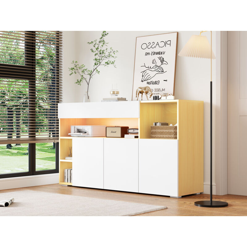 Buffet blanc, commode avec éclairage LED, tiroir, étagère en verre et portes en bois, pour chambre et salon, 140x40x70 cm, blanc