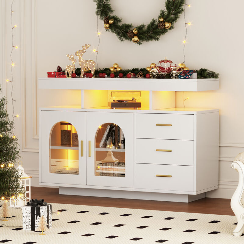 Buffet de salon carré blanc brillant, meuble à tiroirs avec éclairage led pour salon, cusine et salle à manger, 120x40x80 cm