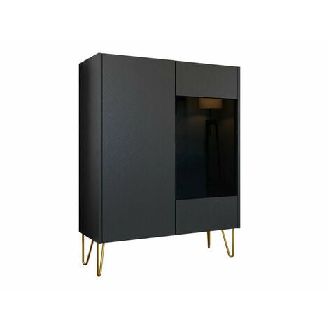 Buffet Levdale 104, Graphite + Marbre noir, 122x97cm, Le nombre de portes: 037cm, Verre trempé, Stratifié