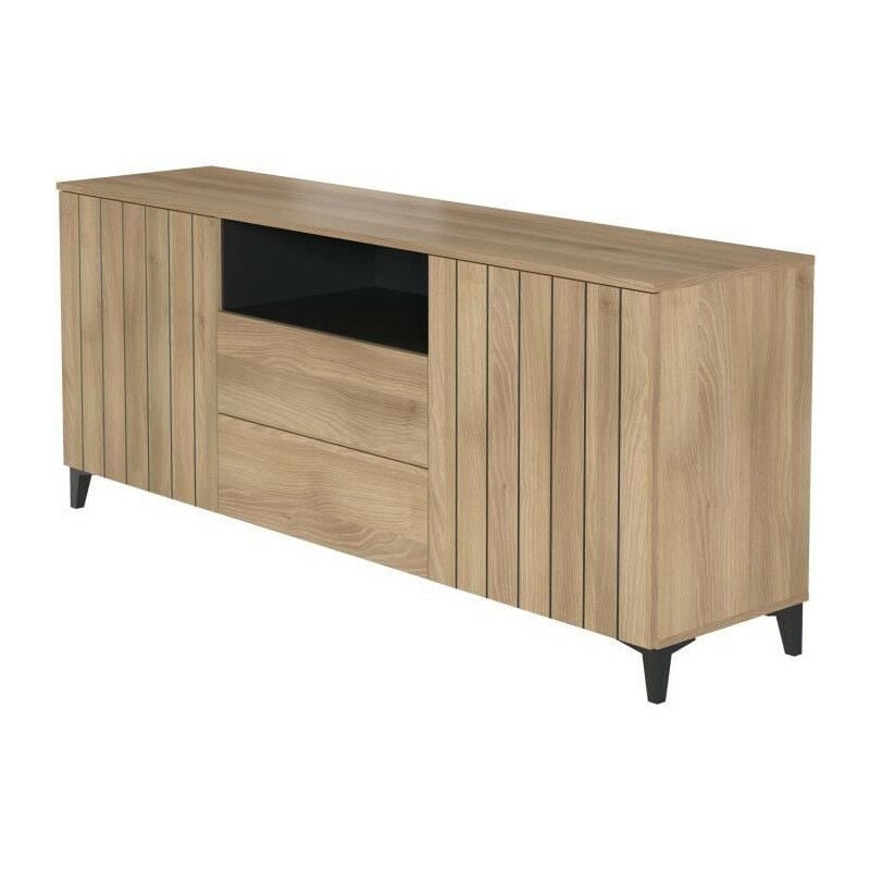 Buffet LINEAS - Mélaminé chene - 2 portes + 2 tiroirs + 1 niche - L180 x P44 x H75 cm
