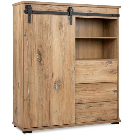 Buffet MANZANO - Décor Chene Flagstaff - 1 Porte coulissante + 3 tiroirs + 2 niches - L120 x H140 x P40 cm