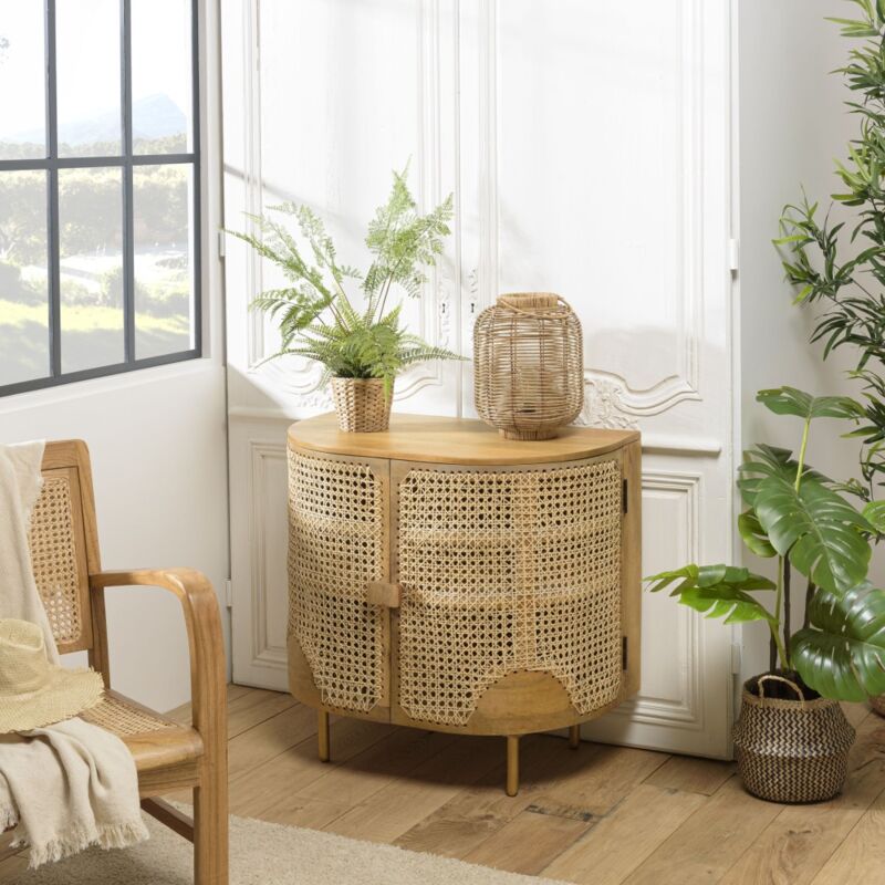 Macabane - isa - Buffet marron 2 portes bois de manguier et cannage pieds métal doré