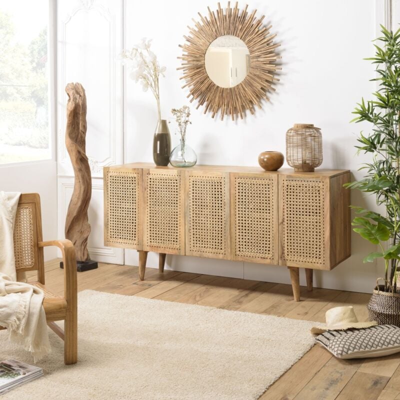 Isa - Buffet marron 5 portes bois de manguier et cannage couleur naturelle