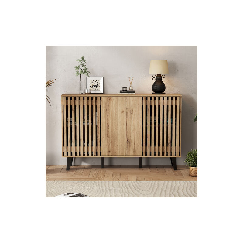 Buffet marron à 3 portes, meuble d'appoint en bois naturel avec rangements divisés, 150x40x95 cm