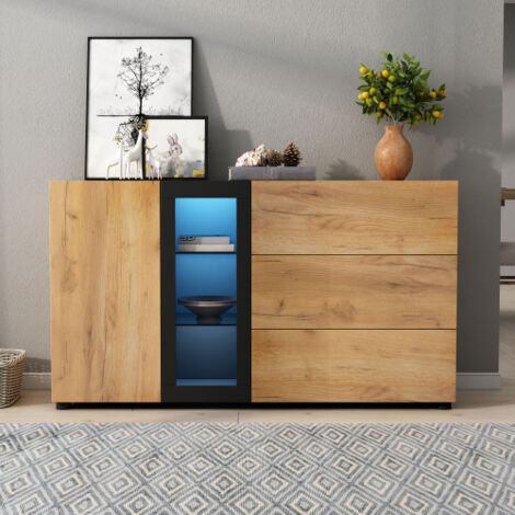 Buffet marron, armoire avec 3 tiroirs, armoire de rangement avec verre, 140x40x80 cm