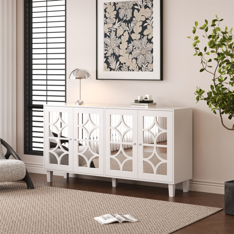 Buffet blanc avec poignées en cristal froid, 4 portes à miroir, avec stratifié mobile, pour salon et salle à manger