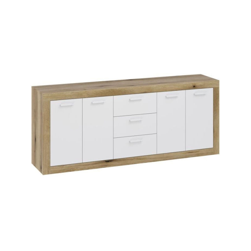 Buffet Mélamine chene rustique et blanc mat - 4 portes et 3 tiroirs L 206 x P 45 x H 83,4 cm STONE