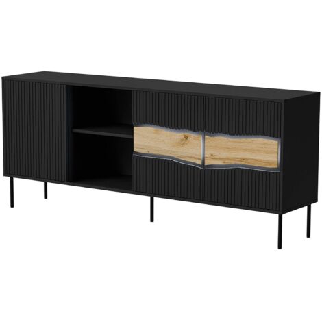 Buffet Mestrino, buffet de salon avec trois portes battantes et deux compartiments ouverts, surélevé du sol, 190 x 40 x 80 cm, noir et nœuds en chêne